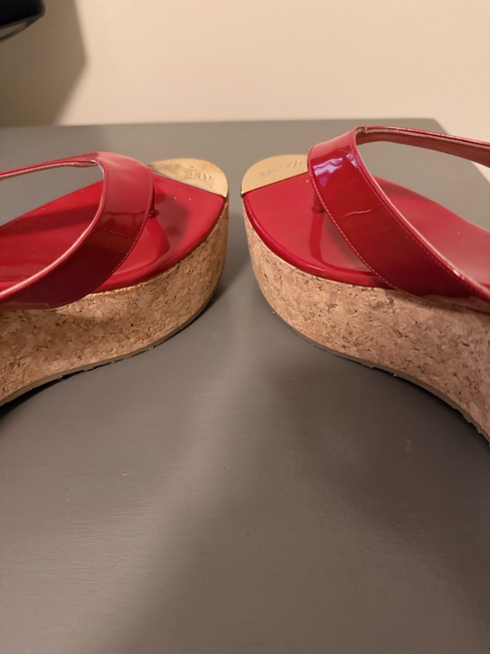 Jimmy Choo Red Patent Leather Platform Thong Mules with Gold Toe Plate - Picture 3 of 6